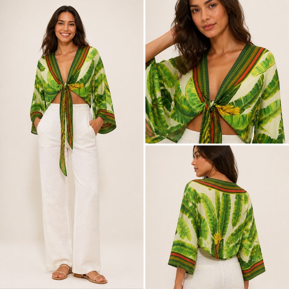 FARM Rio Banana Leaf Tie-Front Crop Top Green Tropical Kimono Sleeve Brazil